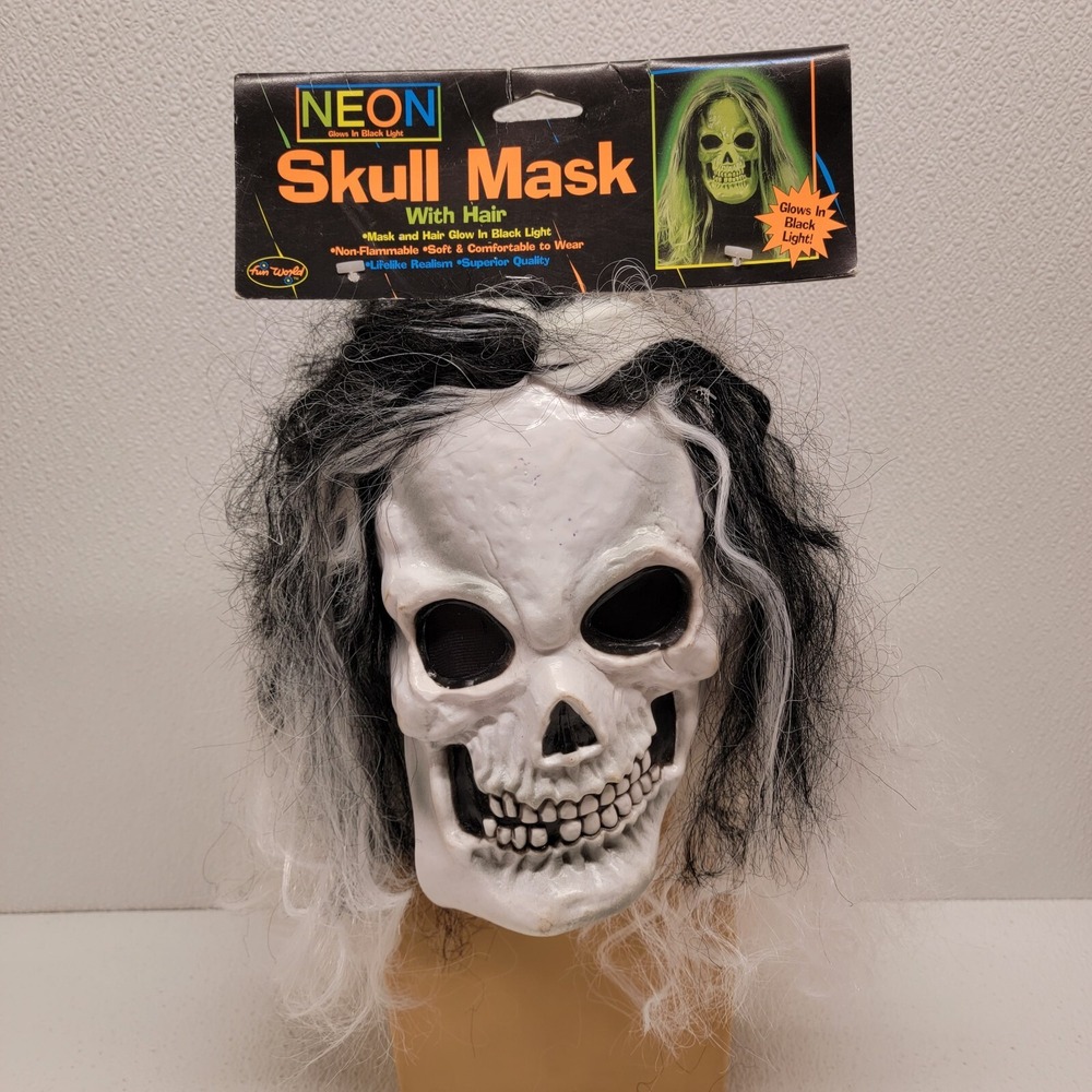 Vintage Fun World Skull Mask With Hair "Neon Glows In Black Light" With Tag!